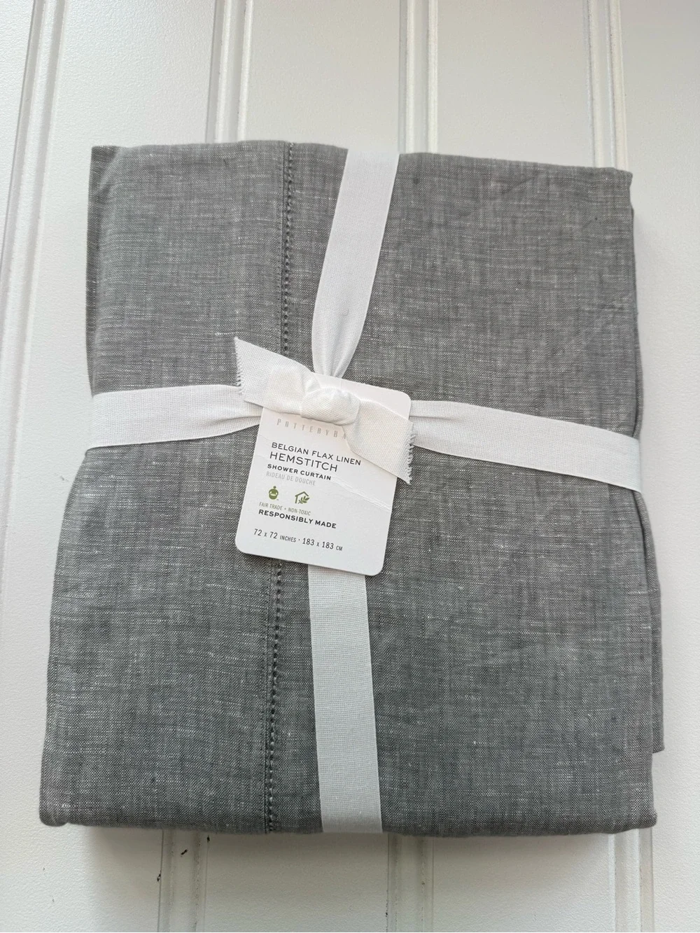Pottery Barn Belgian Flax Linen Hemstitch Gray Shower Curtain NEW
